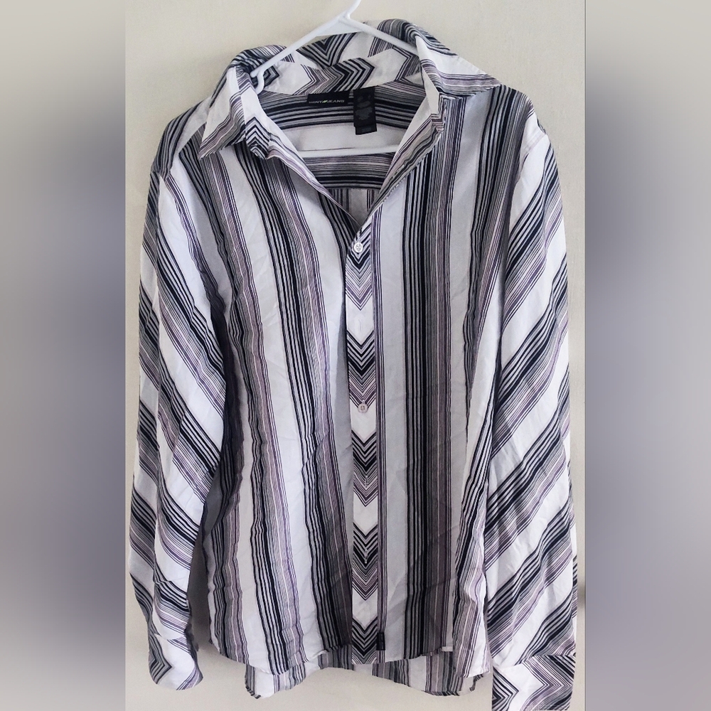 DKNY mens size large white and black striped casual shirt. NWOT.